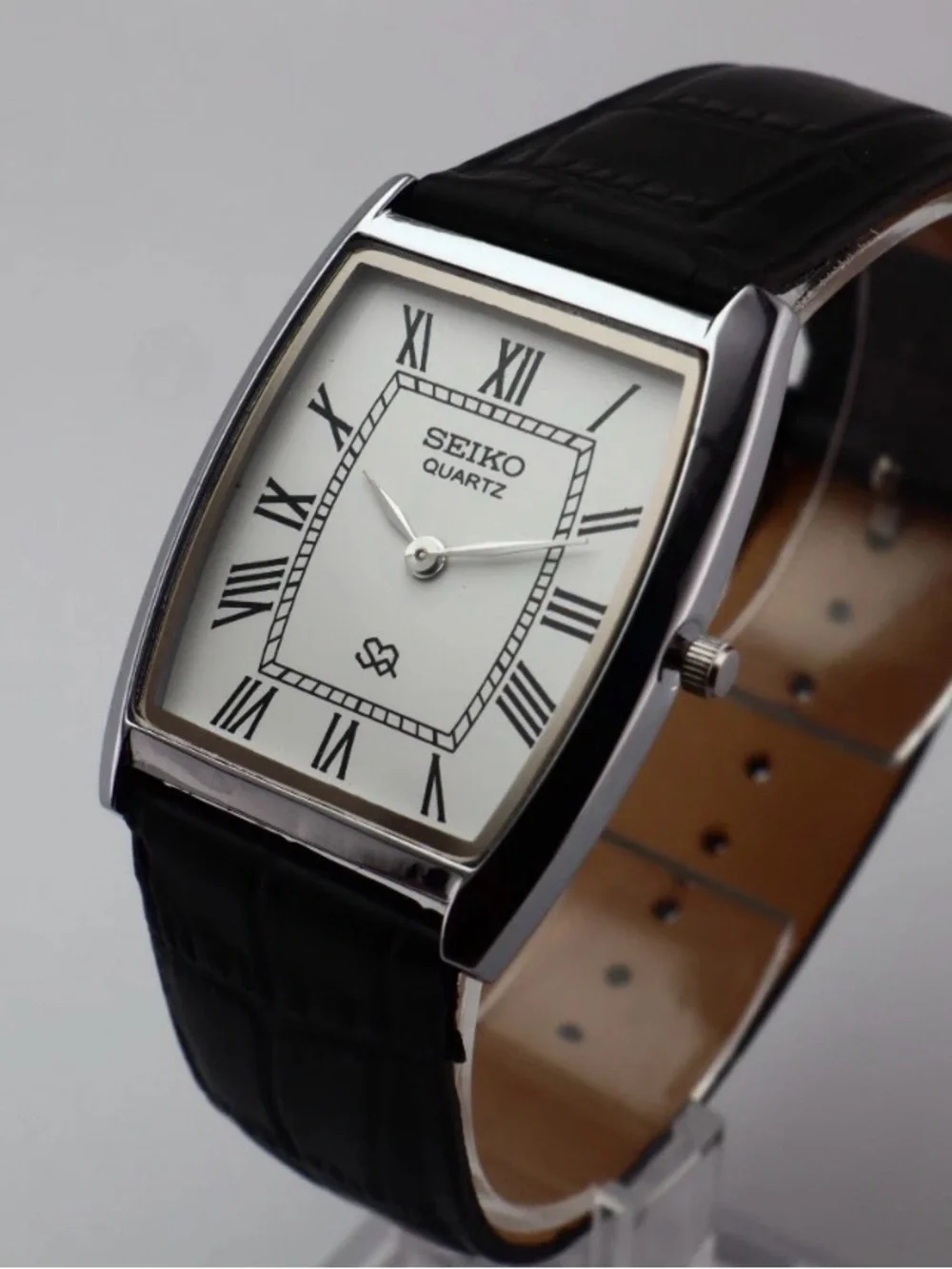 Seiko Silver Case Black Leather Strap Watch - White Dial